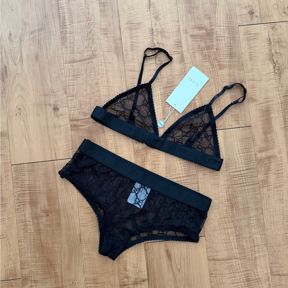 GG Monogram Sheer Black Embroidered Lace Bralette & Low Rise Brief Set M/L